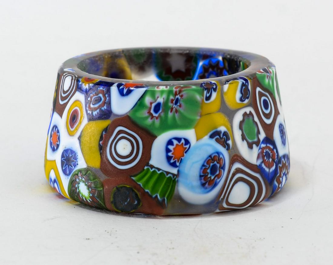 Millefiori cased glass open salt: A petite example of millefiori glass it is 1 1/2" wide by 3/4" tall. Keywords: Art glass, Murano, Salt Cellar, Italy, Italian
