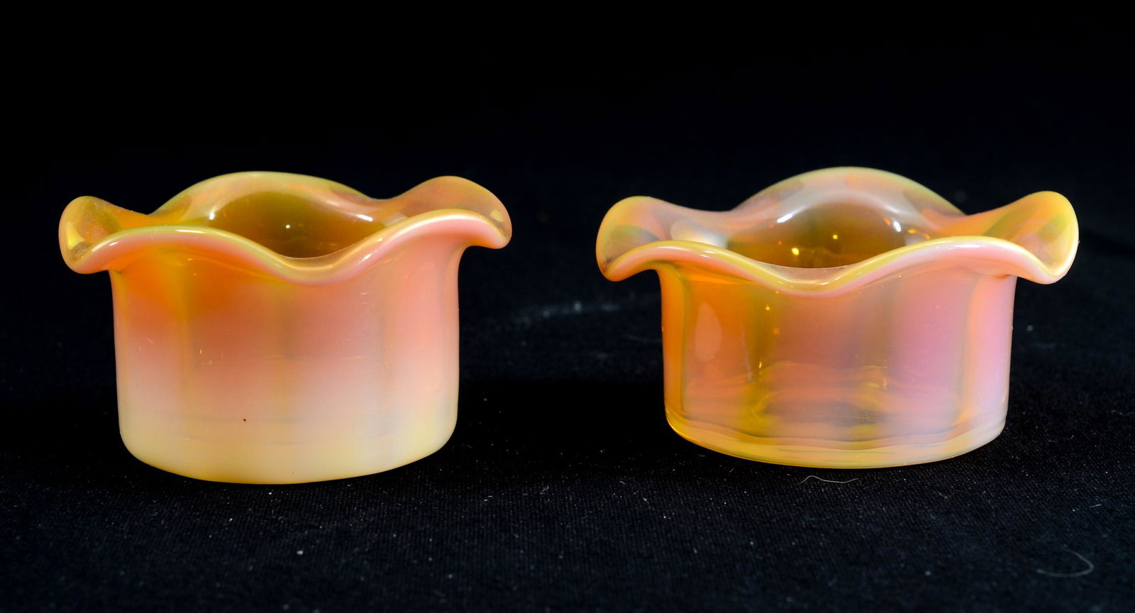 Two Monot Stumpf Glass Open Salts: two Original Monot Stumpf Glass Open Salt or salt inserts. With Ruffled Edge, Opaline glass and ground pontils. Unmarked. the largest measures 1.25" x 2.5". Each in excellent condition with no chips o