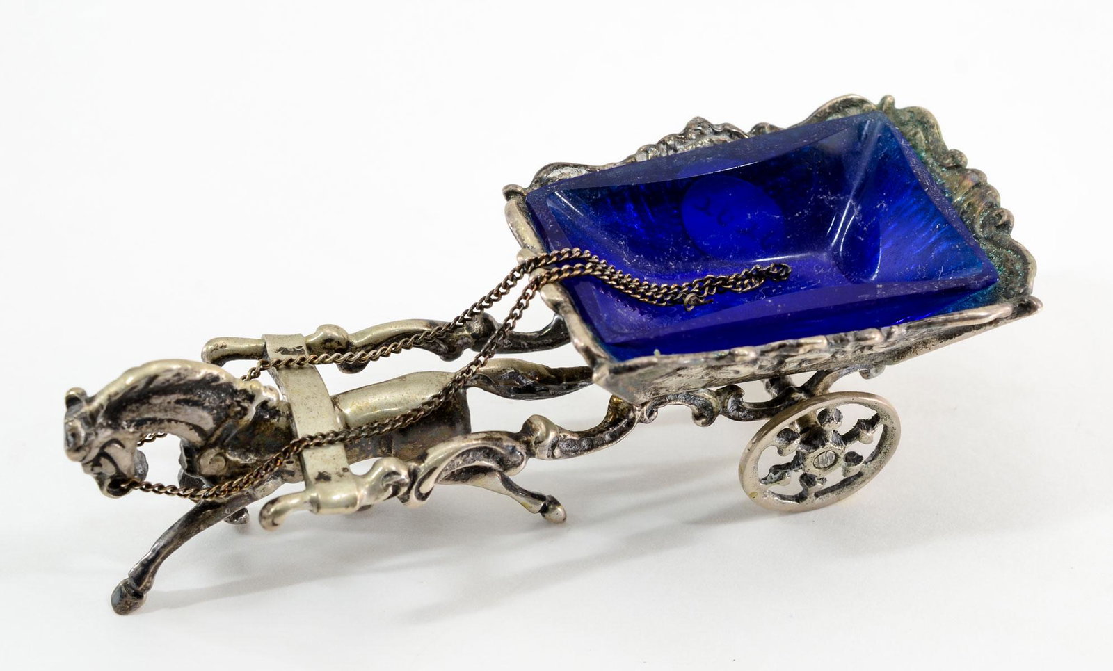 Figural 800 Silver Horse & Cart Open Salt: Hallmarked 800, with Cobalt Blue Glass Insert. Late 19th or Early 20th Century, origin unknown, possibly German. 4" long. Net Silver weight: 2.2 OZT. good condition. Keywords: Antique, Germany, Contin