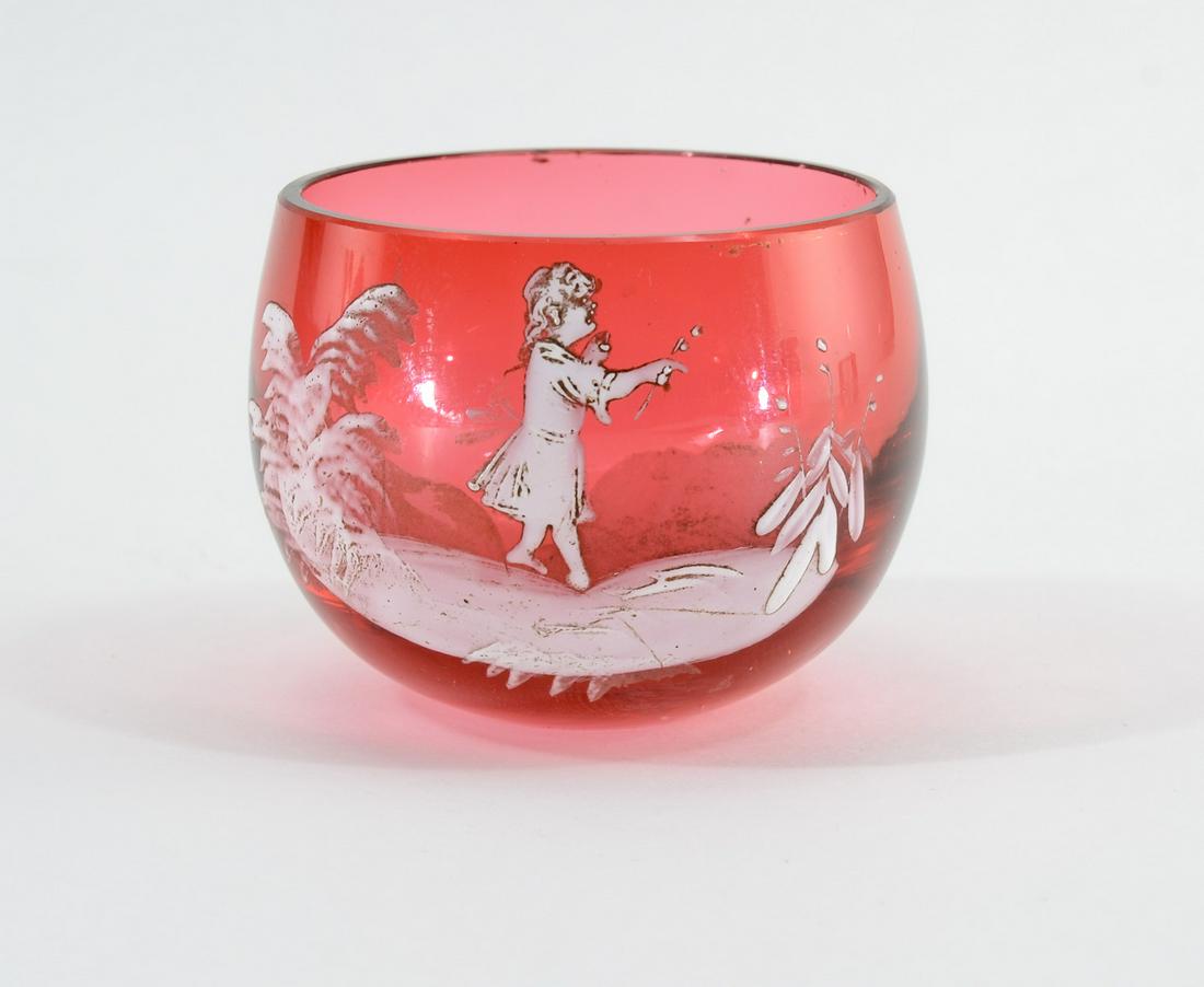 Mary Gregory Cranberry Glass Open Salt: Hand Blown, enamel decorated cranberry glass with ground pontil. 1.75" x 2" minor surface marks, and tiny fleabites to rim. Overall very good. Keywords: Antique, Victorian, Art Glass, English, Czech,