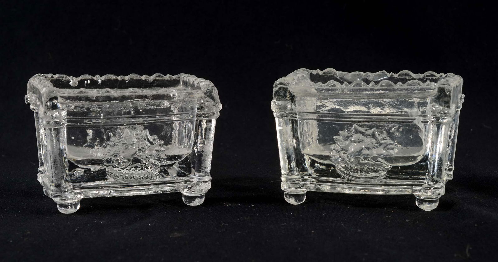 Two Pattern Glass Open Salts: Neal NE 2 Lacy Period Salts with N.E. Glass Company Boston on bottom. Each with edge, rim and base chips. Keywords: Antique, EAPG, Early American Pattern Glass, Flint,