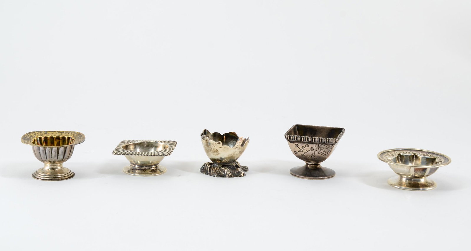 5 Gorham Sterling Silver Open Salts: Five Gorham sterling silver open salts. Various patterns. 2.99 troy ozs. total. All in excellent condition. Keywords: Salt Cellar, Salt Dip