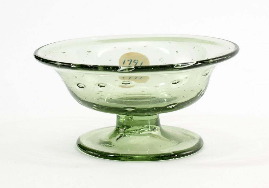 Steuben Spanish Green Pedestal Open Salt: Steuben Glass Spanish Green controlled bubble glass pedestal-form open salt. Very faint mark. 3" diameter x 1 5/8" high. Excellent condition. Keywords: Salt Cellar, Salt Dip, Art Glass, American