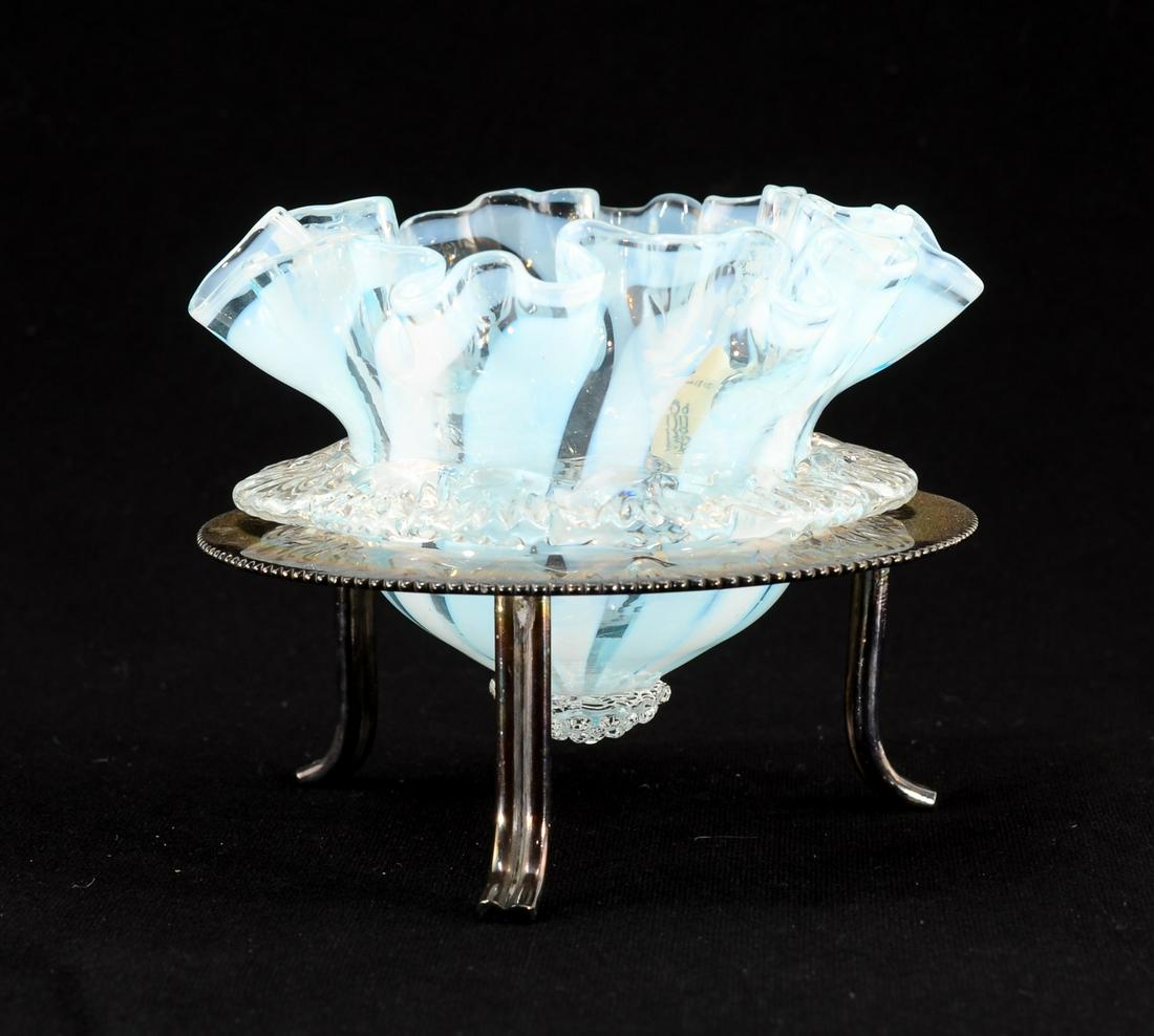 English Glass & Silverplate Open Salt: Silver Plate base with Stevens & Williams Style hand blown glass insert. Opalescent twist body with applied "Raspberry" Pontil cap, and applied clear glass rim. Glass is in excellent condition, the gl