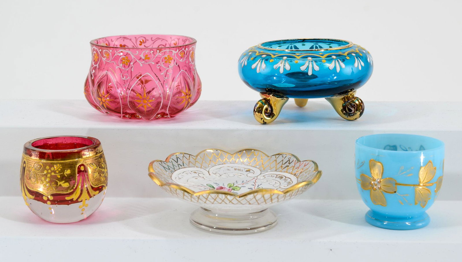 5 Enameled Art Glass Open Salts: Five enameled art glass open salts. All in very good condition, on having some gilt wear to top edge.. Keywords: Salt Cellar, Salt Dip, Victorian, Bohemian