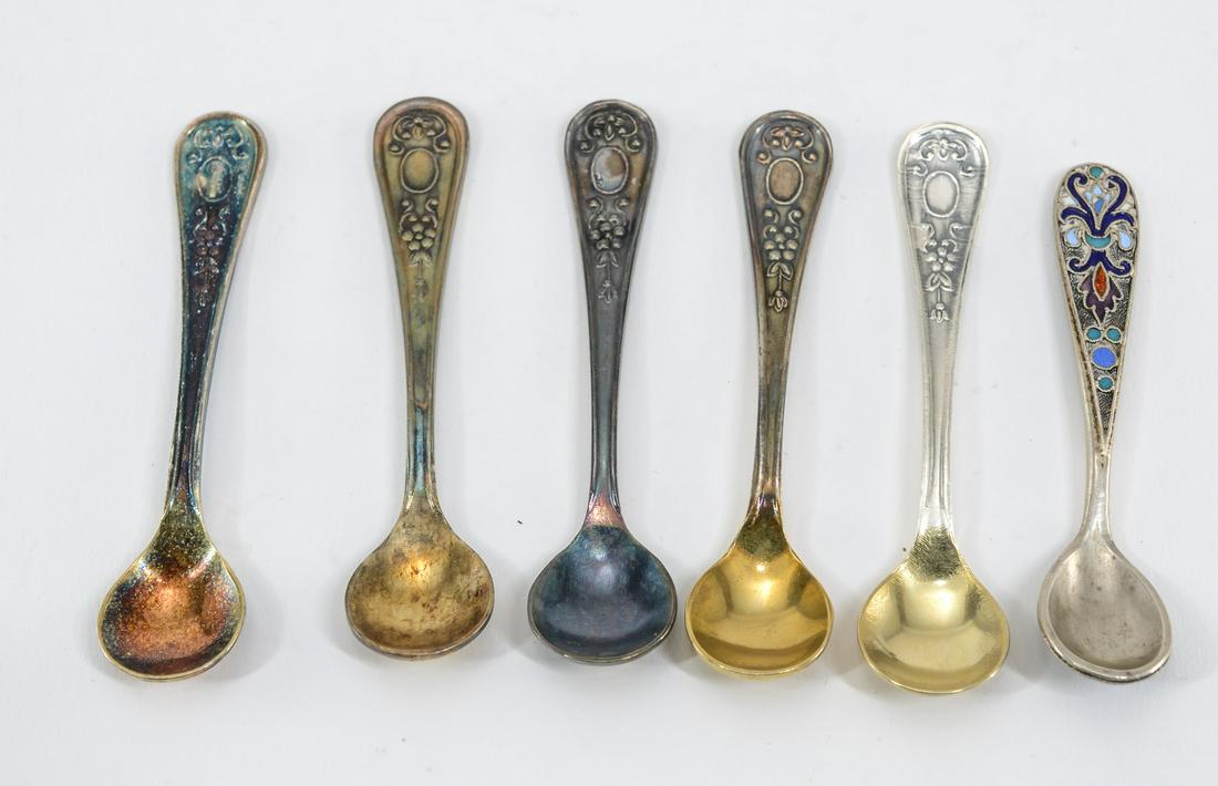 6 Russian Salt Spoons: Six Russian salt spoons. 5 IOMMH and an enameled sterling silver marked AP, 84, 1889. Keywords: Salt Cellar, Salt Dip, Miniature