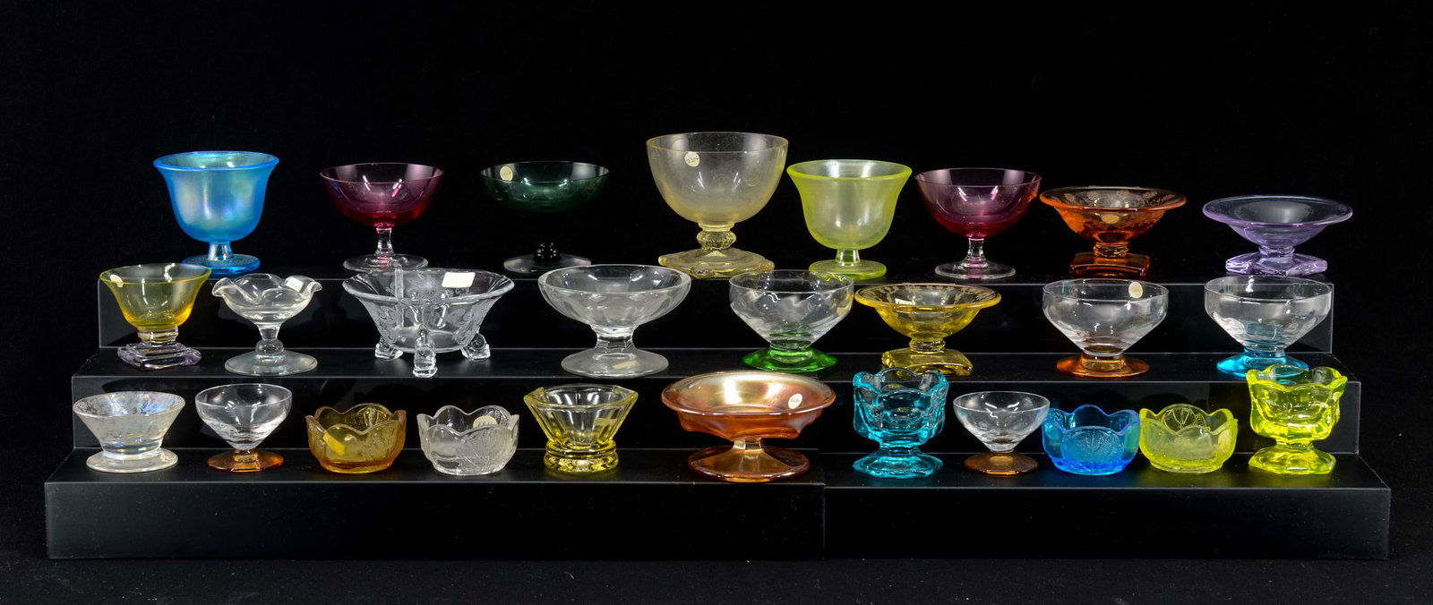 26 Art Glass Open Salts: Twenty six miscellaneous art glass open salt. In various colors, forms, maker's and age. All appear to be in good condition, not inspected individually. Keywords: Salt Cellar, Salt Dip, Carnival, Eleg