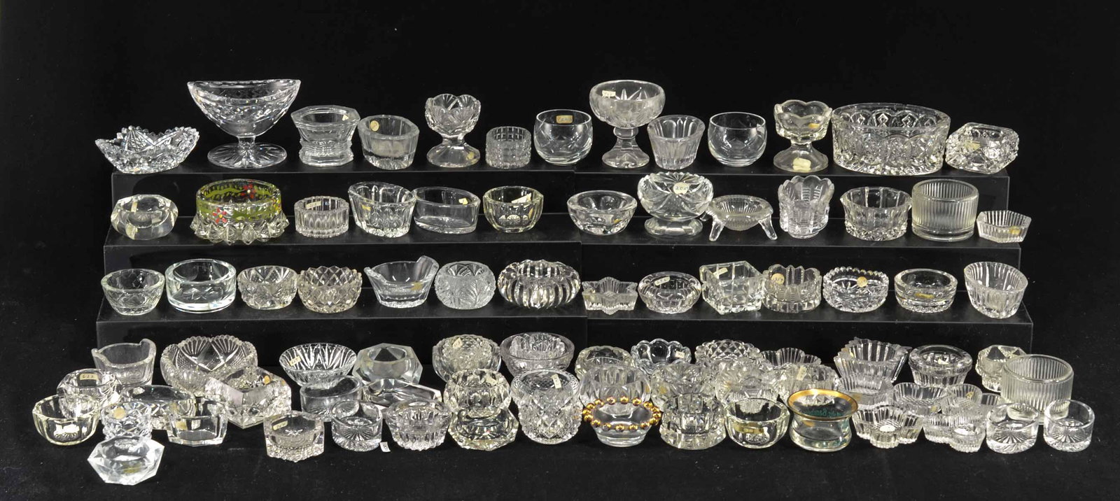 90+ pressed glass open salts: A very large collection of pressed salts some round, square, boat shaped, pedestals, octagon, hearts. Some have shelf wear, some have minor flea bites. Age and Condition varies, 19th Century, 20th Cen