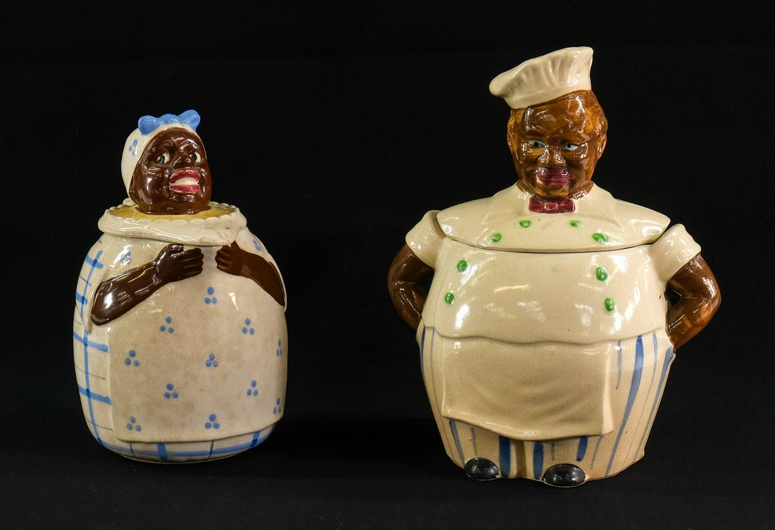 Black Americana: Cookie Jar & Pitcher: Cream of Wheat Black Chef Cookie Jar, Marked JAPAN on bottom, crazing, areas of age darkening, body is VG+ with no damage or repairs, lid is VG+ with only on small, tight line near bottom rim. 10.5" x