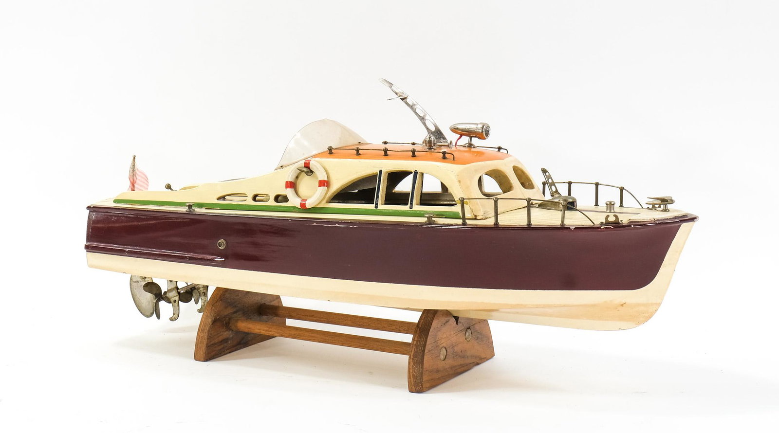 Japanese Cabin Cruiser Ito Model Boat: Battery Operated painted wood model boat with electric motor and speed control. Working Condition, with stand. Strong Paint and clean interior. minor use and contact marks. 21" x 10" x 7". Keywords: V