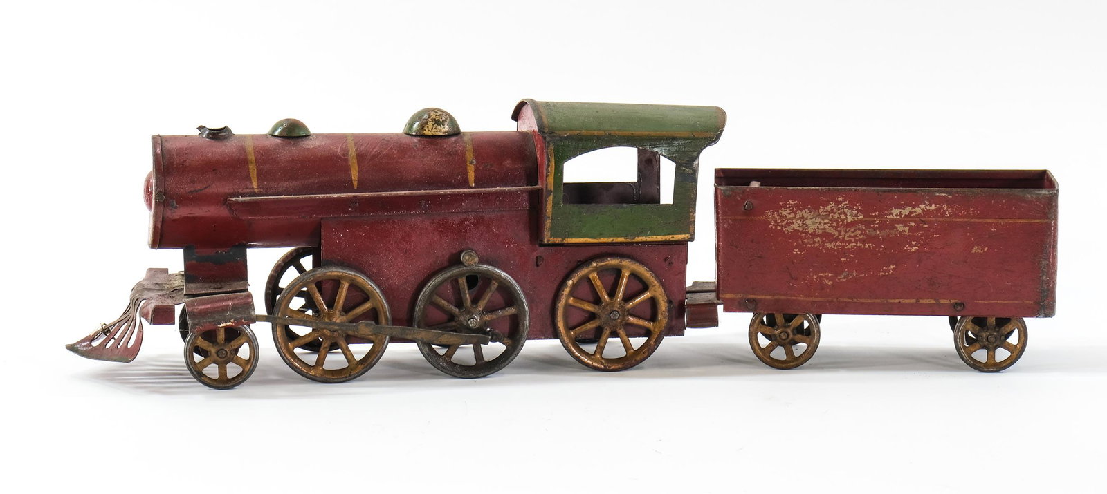 Antique Hill Climber Tin Toy Friction Locomotive: Possibly Dayton, Original Paint, Friction Toy Steam Railroad Engine with Tender. Working Condition, some wear and use, overall decent. One boiler cover missing. 24" x 6.5" x 4" Keywords: Hillcllimber,