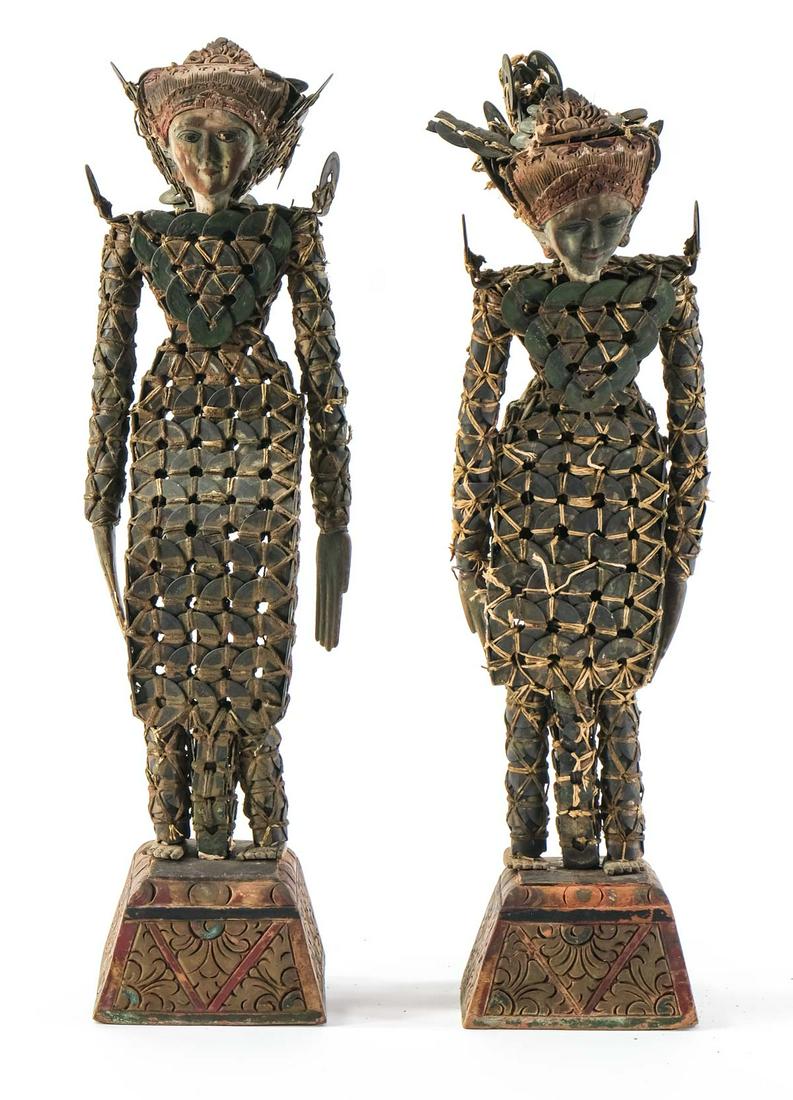 Pair of Balinese Coin Figures: Thailand, Bali, Two Carved wood and painted figures made of Chinese Coins. Each on a hand carved base. First half 20th Century, about 17" tall. Good solid condition, some wear and a bit tough to stand