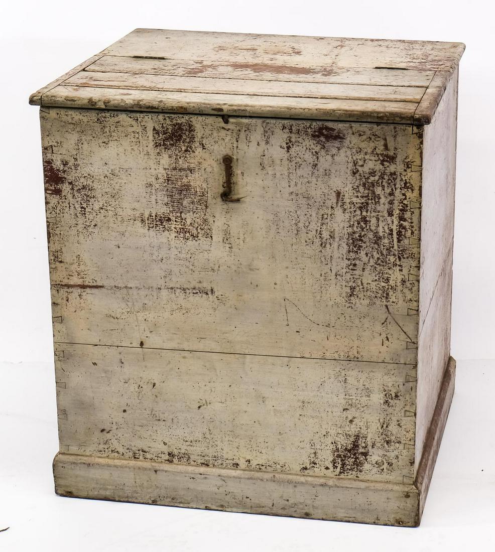 Antique Painted Country Floor Box: Possibly wood box or kindling. Dovetailed, layers of old paint, likely American, 19th century. 28" x 25" x 23"
