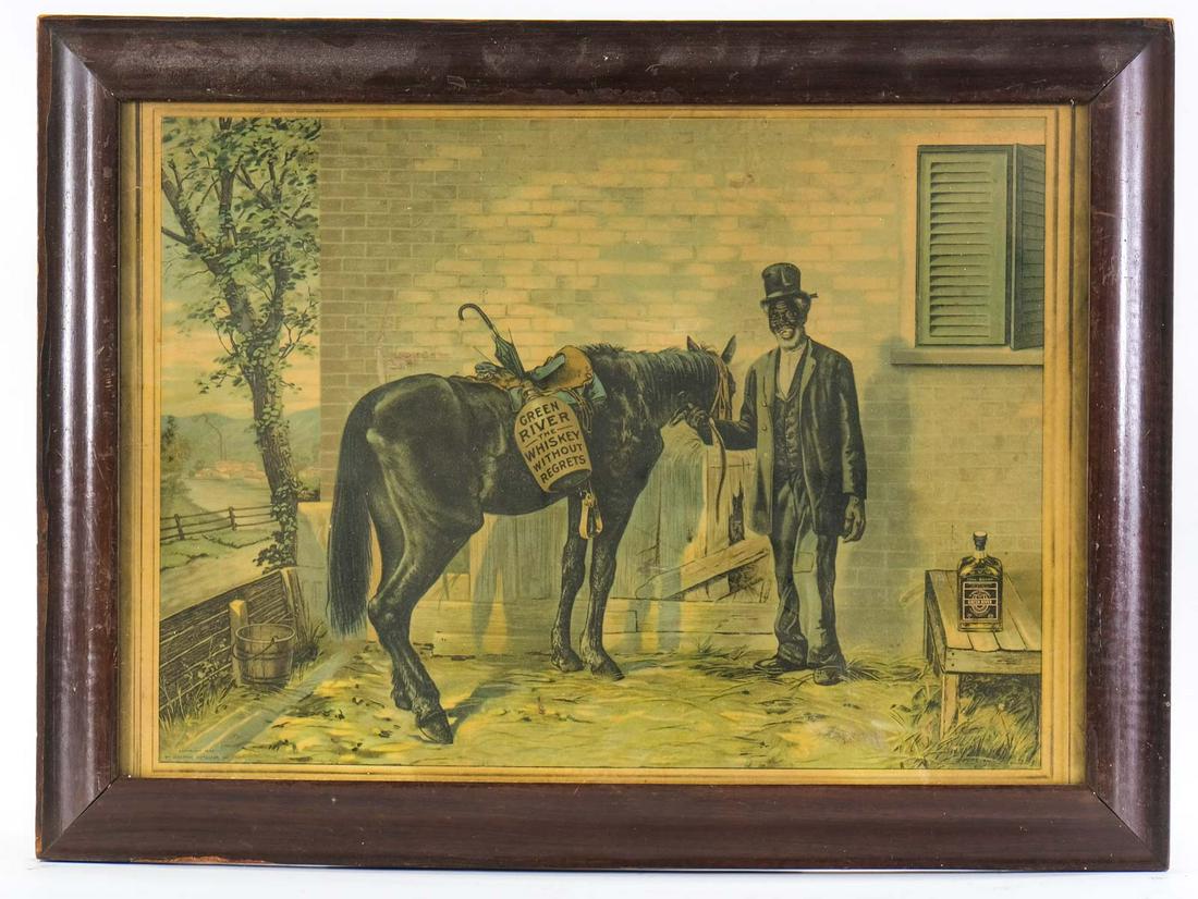 Black Americana: Green River Whiskey Advertising: Chromolithograph on paper board, featuring a black man holding a horse with a jug marked Green River, the whiskey without regrets. A bottle of green river whisky sits next to him. Marked CONSOLIDATED