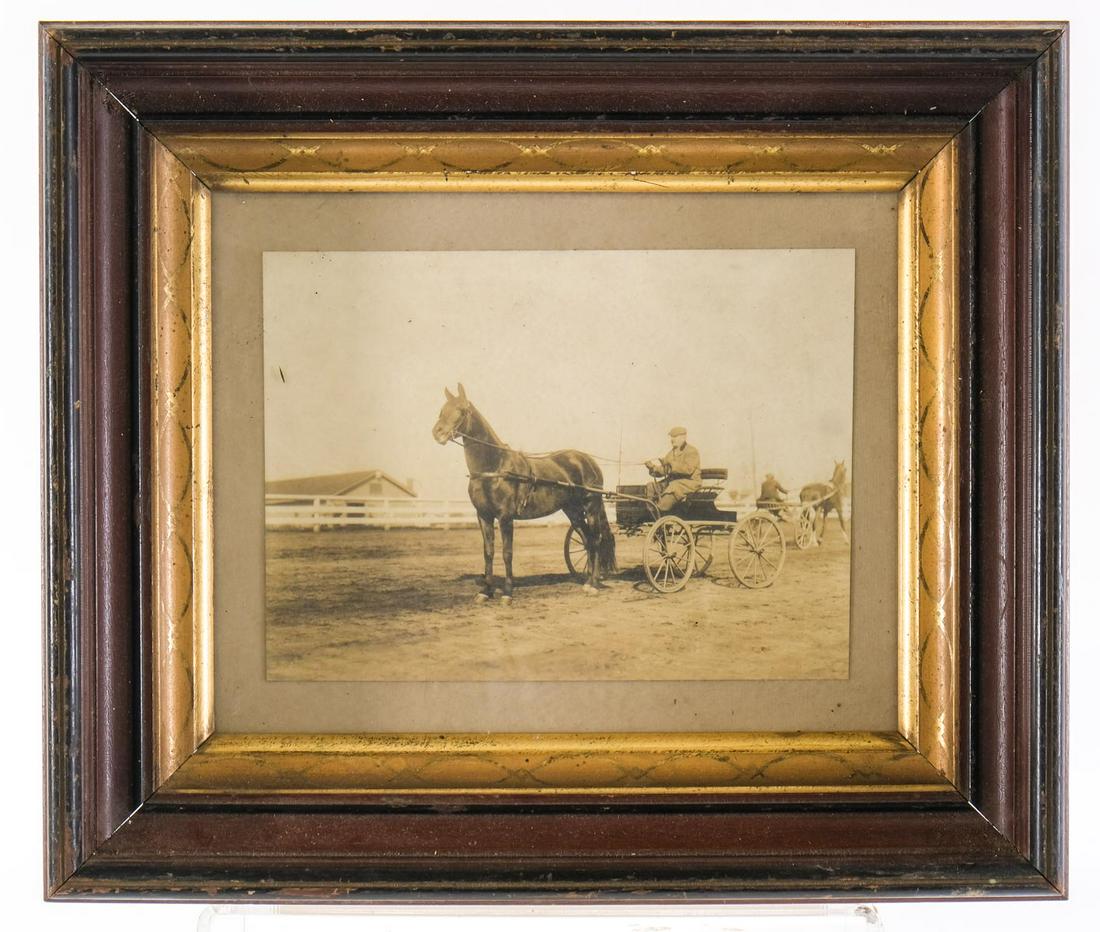 Framed Horse and Buggy Photograph: Antique, late 19th Century Horse and buggy with rider. Albumen type photograph, framed under glass, not inspected out of the frame. photo measures 8" x 6" frame measures 12" x 14". frame bumps, surfac