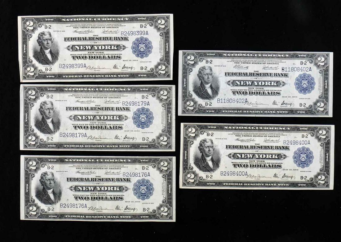 Five $2 Federal Reserve New York Battleship Notes (1 of 3)
