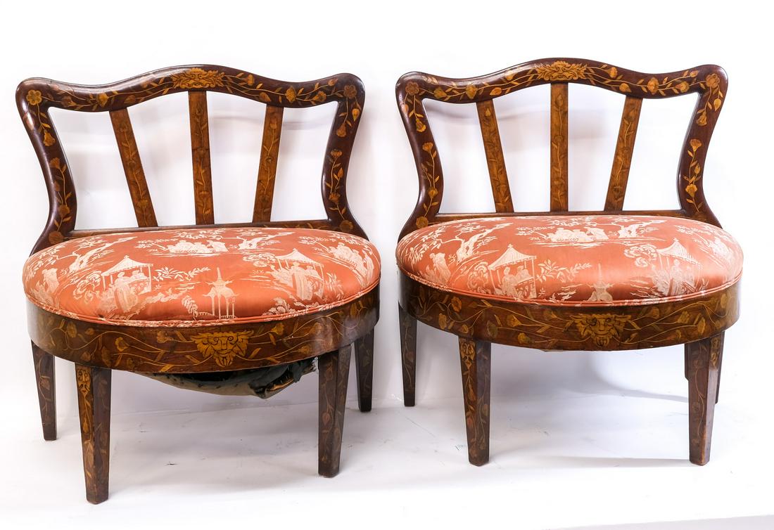 Pair of Antique Dutch Marquetry Settees: 18th/19th Century, Inlaid Walnut Benches or dressing chairs. Each 34.5" tall, 32" wide, 22" deep. Solid condition, seats are currently usable, but worn/stained and should be replaced. UPDATE: Settees