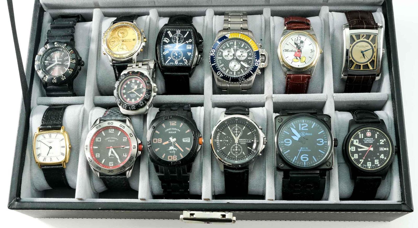Estate Mens Watch Collection: Estate-Fresh Collection of 13 Men's Casual, Sport and Dress Watches including: Balmer, Invicta, Disney Mickey Mouse, Stuhrling Quartz, Longines Quartz, Small Size Tag Heuer Quartz, Two Tommy Bahama (o