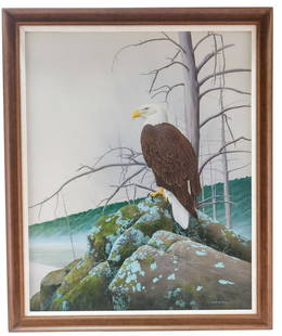 Michael James Riddet: American Bald Eagle: Michael James Riddet Original Wildlife Painting of an American Bald Eagle, Mixed Media, Framed under glass, not inspected out of the frame. Work measures 27" x 33" (by sight) frame measures 32" x 38"