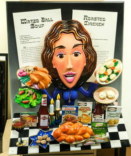 Roark Gourley " Matzo Ball Soup" Sculpture: Vibrant Contemporary Wall Sculpture Signed and Numbered 14/50 Roark Gourley. Jewish Theme Woman Cooking with recipes. Excellent Condition. 30" Wide, 36" Tall, 8" deep. Keywords: Post Modern, Folk Art,