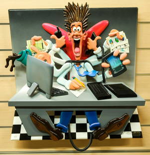 Roark Gourley "Crazy Executive" Sculpture: Vibrant Contemporary Wall Sculpture Signed and Numbered A/P Roark Gourley. A crazed Businessman at his desk. Excellent Condition. 29" Wide, 31" Tall, 12" deep. Keywords: Post Modern, Folk Art,