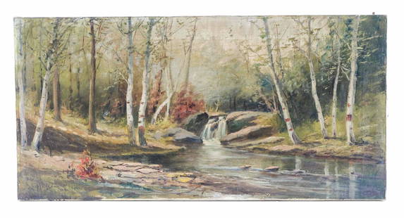 Frederick Matzow Meriden Connecticut Artist: Oil on Canvas Panel, Signed lower left. Likely Spruce Glen in Meriden CT. F. Matzow was a decorator for the Handel Lamp Company. Overall measurement: 42" x 28". Unframed, needs to be professionally cl