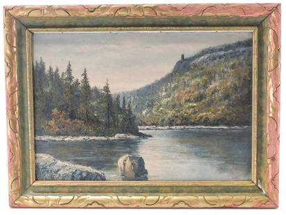 Frederick Matzow Meriden Connecticut Artist: Oil on Board, Signed lower left. Merimere Reservoir Castle Craig Hubbard Park in Meriden CT. F. Matzow was a decorator for the Handel Lamp Company. Overall measurement: 15 1/2" x 11 1/2" including fra