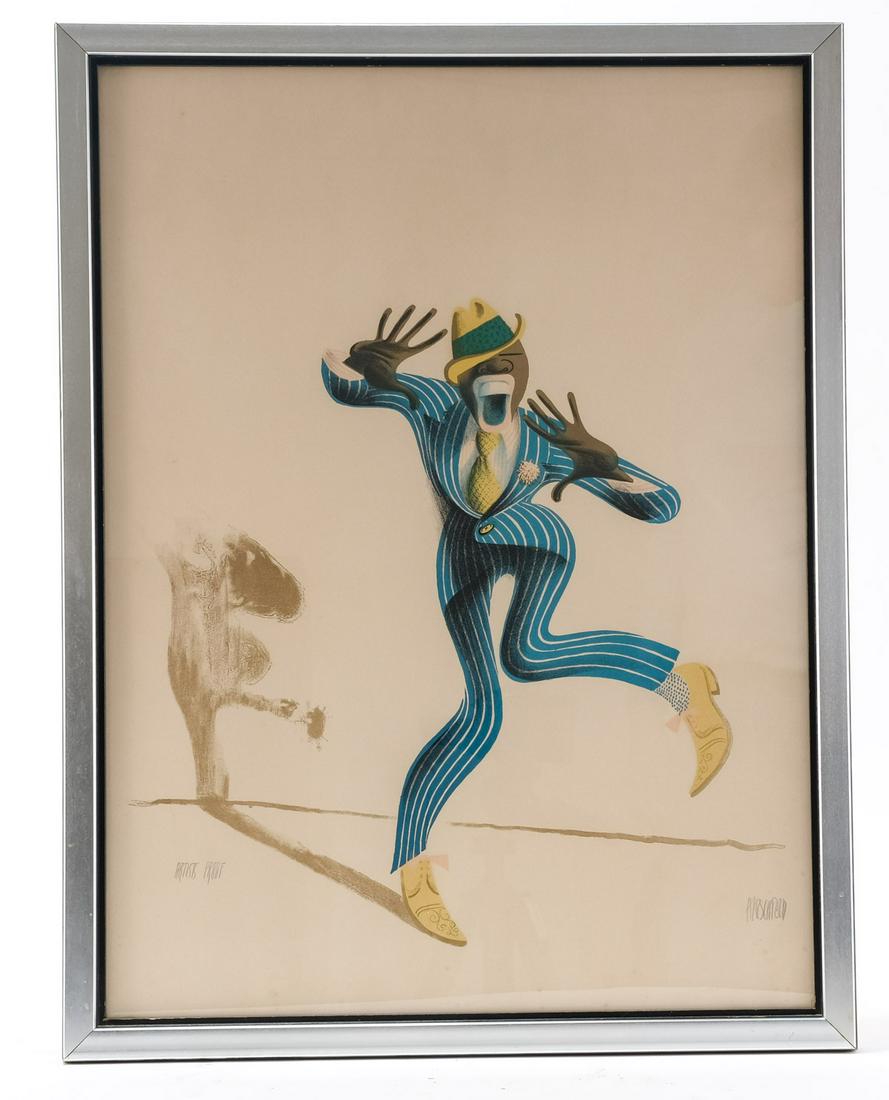 Al Hirschfeld Lithigraph Portrait Artist Proof: Unknown Subject: Black Man in a pinstripe suit with fedora, Pencil Signed Lower right, indicated Artist Proof. Framed under glass, not inspected out of the frame. work measures 18" x 24" (by sight) fr