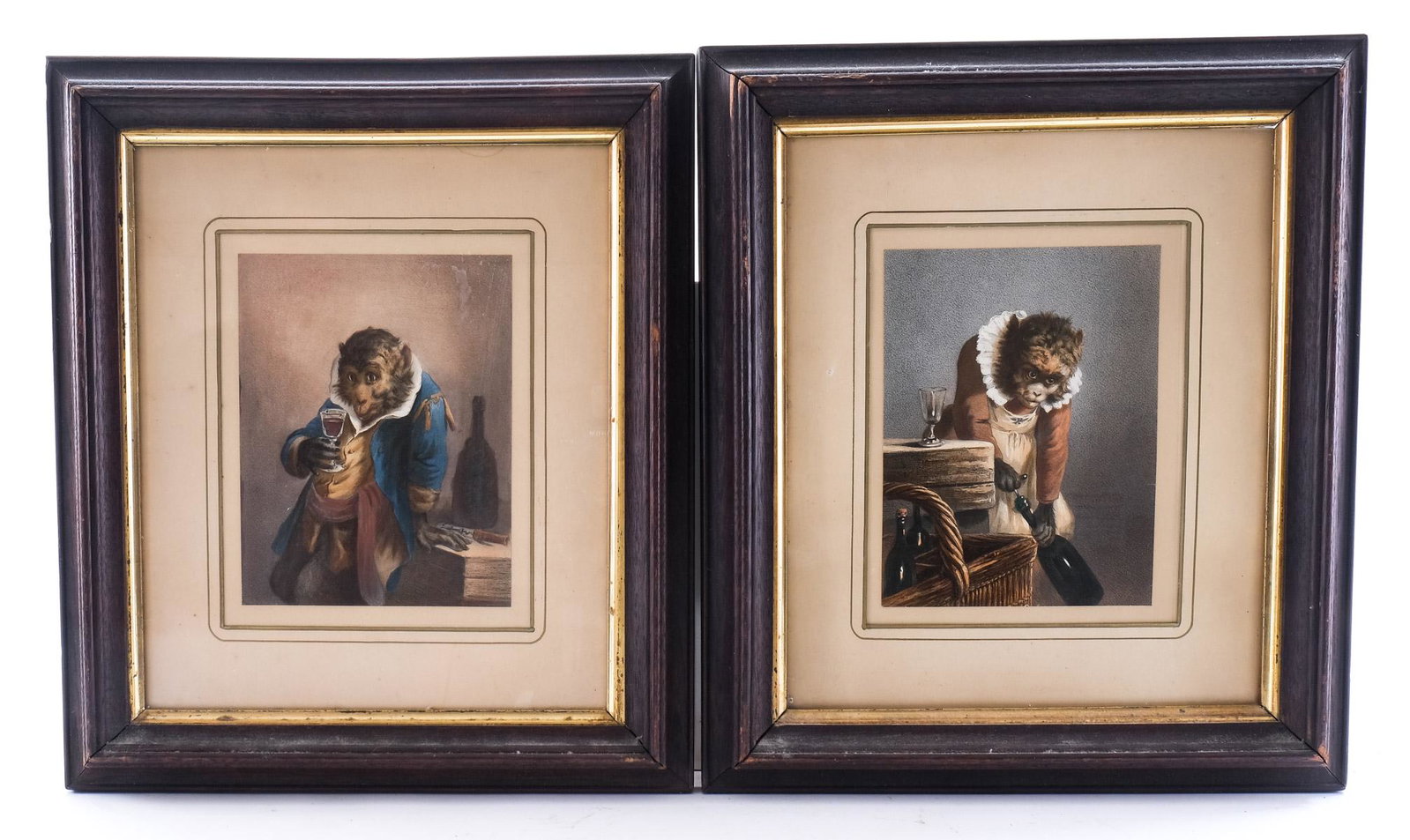 Victorian Monkey and Wine Chromolithographs: Pair of late 19th Century color chromolithograph prints featuring anthropomorphic monkeys: A Master or Lord drinking wine, and a Servant Woman Opening a bottle. In the manner and style of William Holb