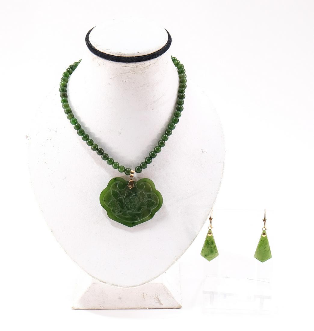 Chinese 14K Carved Jade Necklace & Earrings (1 of 3)