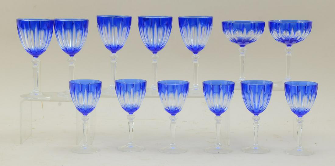 13 Pcs. J.G. Durand Stemware: Cobalt blue and cut Glass or Crystal Stems, second half 20th Century, the tallest 6.5" good condition. Keywords: Wine, Water, Cordial, Claret, Stem, Cup,