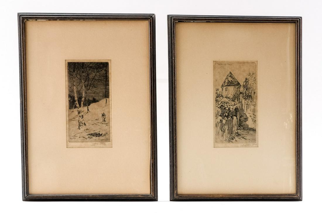John Wesley Cotton, Two Etchings: Each Pencil Signed, Landscape with figure and birch trees, and "The Donjon Tower" works measure 2" x 4" framed under glass, not inspected out of the frames. toned and foxed, frame bumps. frames measur