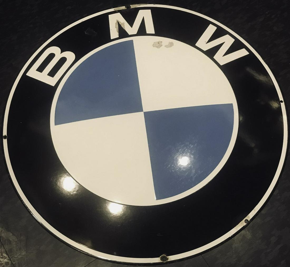 BMW 24 inch dia porcelain sign: BMW 24 inch dia porcelain sign, good condition, some minor damage