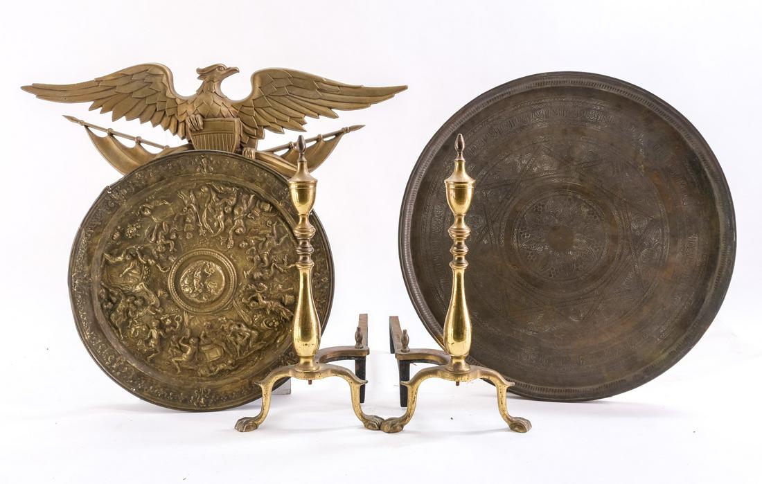 Pr of Andirons, 2 Metal Trays and Metal Eagle (1 of 3)