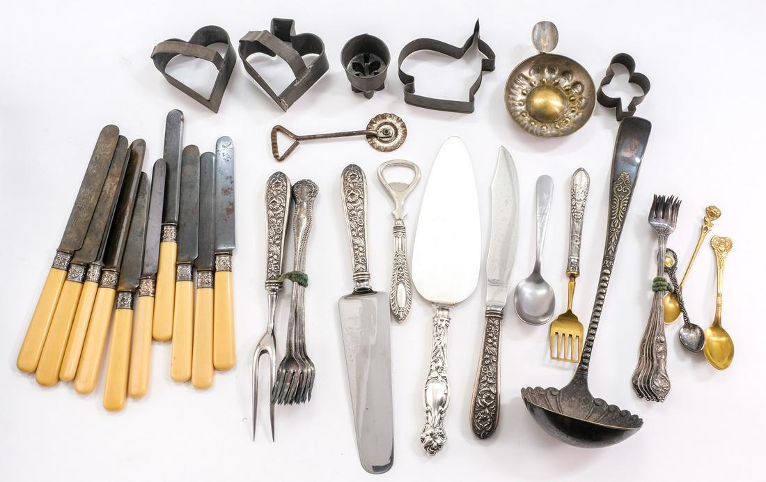 Barware, Sterling, Flatware, Kitchen: Sommelier taster/tastevin with a Hallmark of "ML" with a flower. Good condition, with some wear. 3 Stieff utensils: a pie server, a carving fork, and a carving knife, wth stainless blades/forks. 1 ser