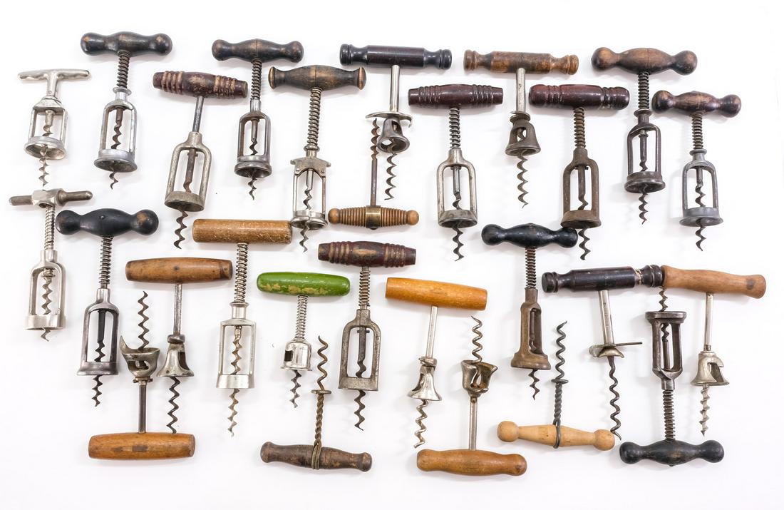27 Wooden Handle Corkscrews: Large group of wood handles corkscrews all in used condition, some handles are painted but most are varnished finish or very well used and worn.Keywords: wine, beer, opener, bottle