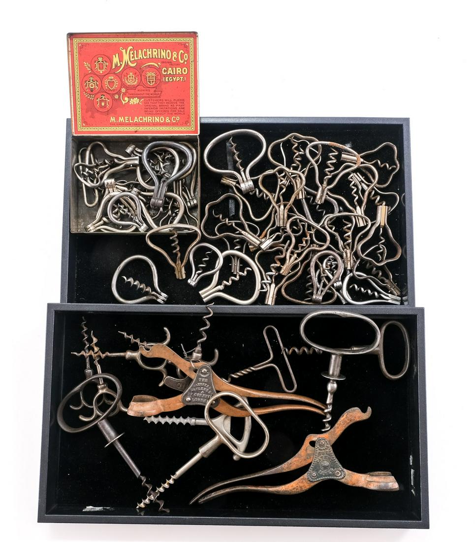 57 Folding and Metal Corkscrews: Included in this group of basic simple corkscrews are two lever patented bottle/corkscrews one by Fleetes & Cornhill of London, the other marked The Lever with a crown.Keywords: Bar Ware, wine, pub, b