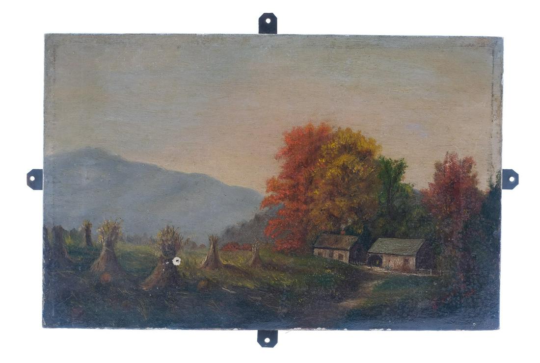 H.S.A. Bodine, "Rural Landscape", 1902 (O/C): Oil on canvas painting of a rural landscape, signed "H.S.A. Bodine 1902". Attributed to Helen Bodine (American, died 1958). Unframed painting, with brackets for framing. Slight yellowing of varnish, p