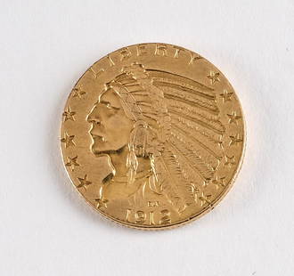 1912 Indian Head $5 Gold Half Eagle: 1912 Indian Head Half Eagle, or $5 gold piece. Condition around Extremely Fine to About Uncirculated. 90% gold. Designed by Bela Lyon Pratt.Payment terms for this lot: Cash, wire transfer or pre-appro