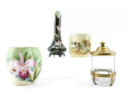 4 Vases / Urns - Bradley & Hubbard, Kelva, Handel: Vase, lamp globe, humidor, and urn by various manufacturers, including Bradley & Hubbard, P.J. Handel, Handel Lamp Company, and Kelva (C.F. Monroe Company). Late 19th - early 20th century. Opal glass