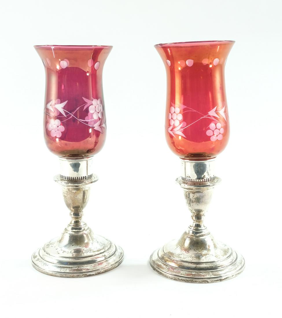 Pair Cranberry Glass Sterling Hurricanes (1 of 5)