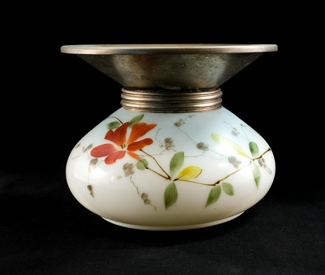 Opal Glass Cuspidor/Spitoon: Opal Glass Cuspidor/Spittoon. Late 19th - early 20th century. Painted opal glass with metal top and collar. Hand-painted floral decoration on body of spittoon. Good condition, with some oxidation, wea
