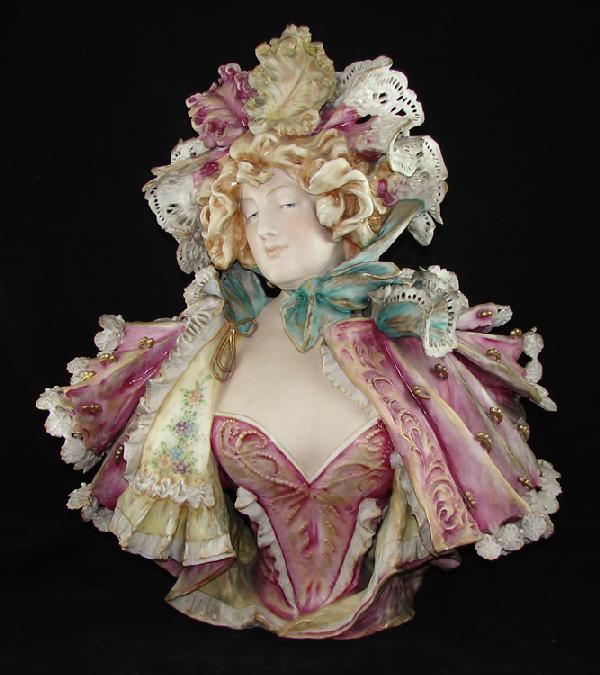 Art Nouveau Amphora Porcelain Bust: Minor loss to cloak (piece present), overall very good, 18" T x 17" W