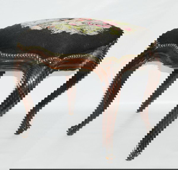 Tall Victorian needlepoint footstool: Walnut, 20" x 19" x 16" excellent condition