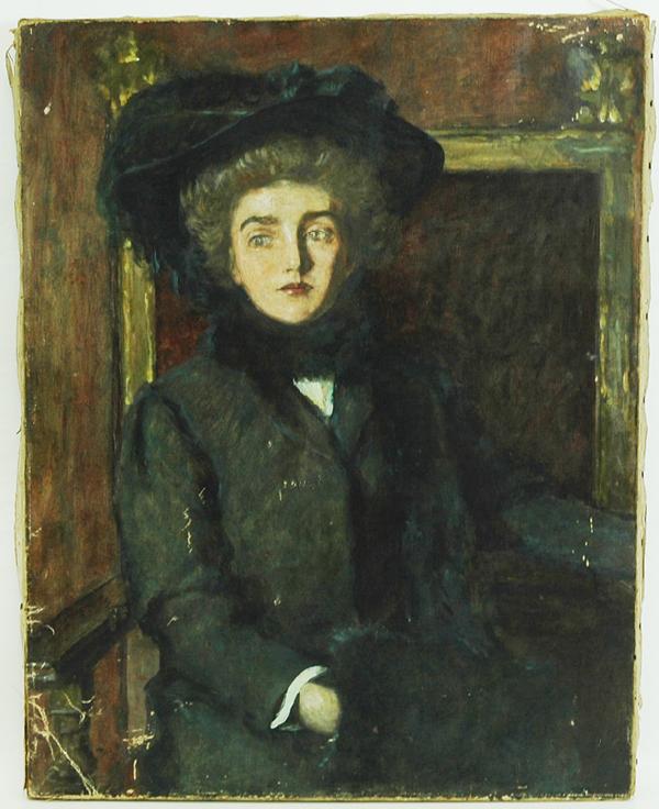 Robert Reid American 1862-1929: OOC, Protrait of seated woman. 26" x 34", Signed lower left: Reid, canvas exhibits small repairs, some paint loss, unframed, as found. Pencil Writing on back: Portrait Sketch_ _ _ _ _ Reid, #34