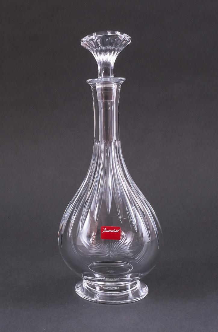 Baccarat Crystal Massena Cordial Decanter: Signed Baccarat crystal decanter for cordials, spirits, or fine liquors. Massena pattern (no trim). Baccarat sticker present. Good condition, one minor chip on body. 9 1/2" tall (including topper) by