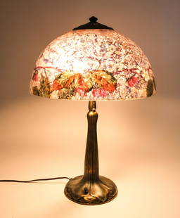 Handel Lamp Company Table Lamp: Table lamp by Handel Lamp Company of Meriden, CT. American, early 20th century. Marked on top "Handel Lamps Pat'd No 979664". Reverse painted chipped ice surface glass shade signed Handel as well.