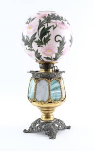 Oil or Kerosene Banquet Lamp, Handel Shade: Antique oil or kerosene banquet lamp - cast metal with slag glass. American, likely Connecticut. Includes hand painted Handel Lamp Company shade. Produced by Handel Lamp Company of Meriden, CT. Shade