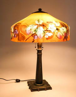 Handel Lamp Company Table Lamp: Table lamp by Handel Lamp Company of Meriden, CT. American, early 20th century. Marked on top "Handel Lamps Pat'd No 979664". Reverse painted chipped ice surface glass shade signed Handel as well.