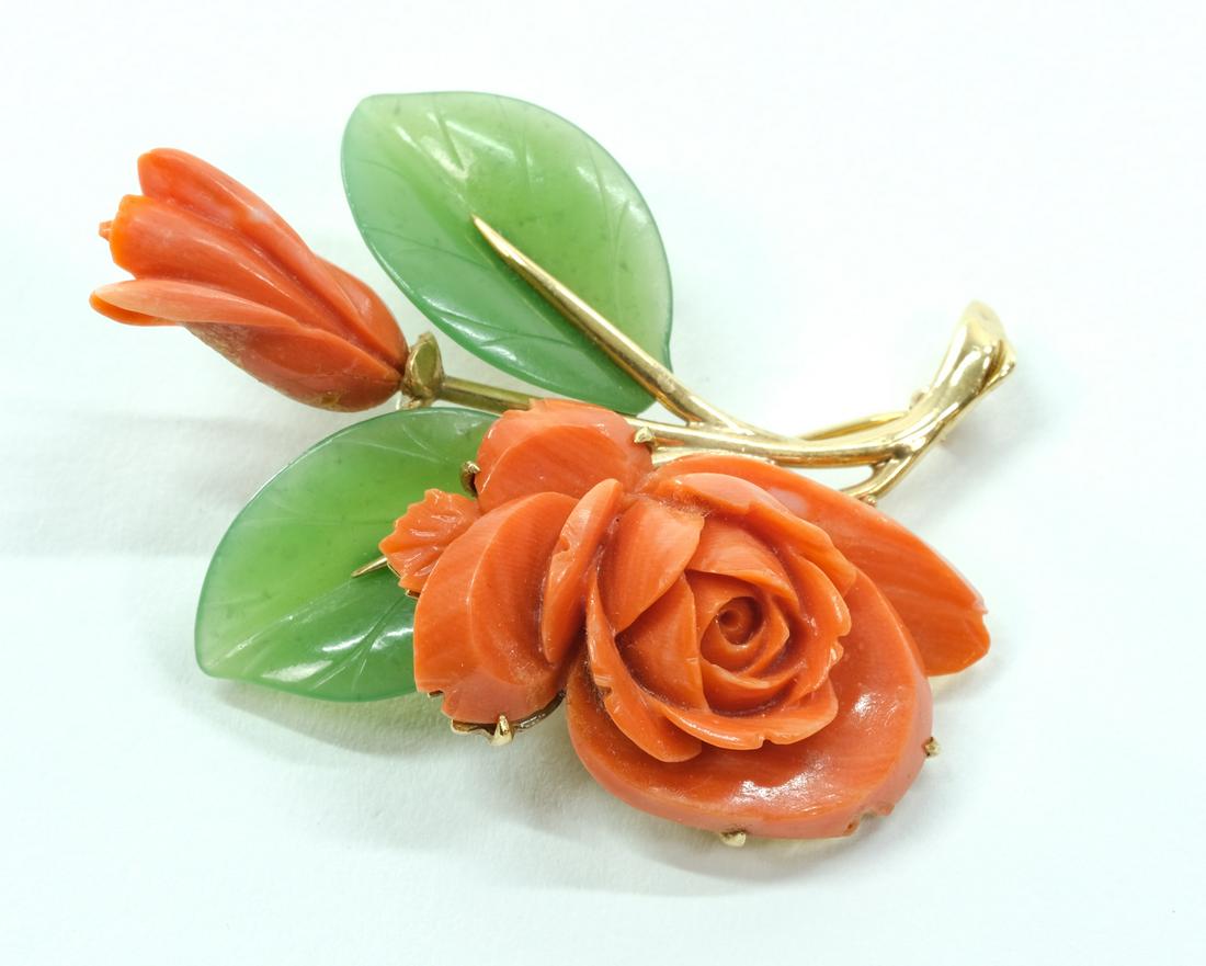 Gumps 14K Coral & Jade Rose Brooch Pin (1 of 5)